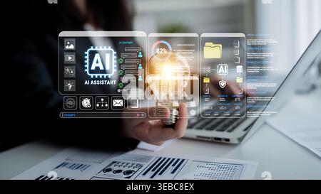 Concept of AI Assistant with Interactive Dashboard Displaying Data Insights, Technology Interface, Digital Transformation, and Innovative Solutions Stock Photo