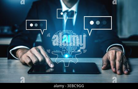 Business Professional Engaging with Artificial Intelligence Technology on Tablet Device in Modern Office Environment with Digital Elements Quark. Stock Photo