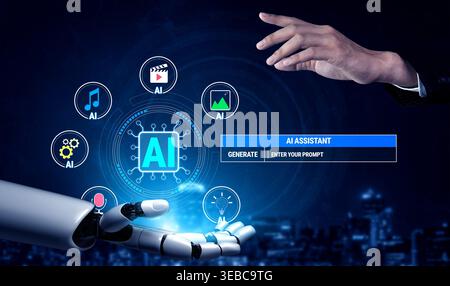 Futuristic Concept of Artificial Intelligence Interaction Between Human Hand and Robotic Hand in Digital Environment Quark. Stock Photo