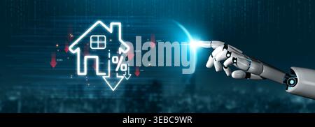 Robotic Hand Pointing at Digital Home Icon with Decreasing Percentage Symbols Showing Real Estate Market Trends and Technology Concept Sigmoid Stock Photo