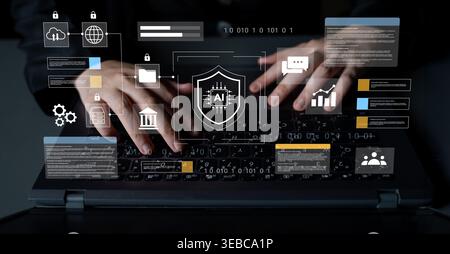 Close-up view of hands on a laptop keyboard surrounded by digital icons, illustrating concepts of cybersecurity and artificial intelligence in a Stock Photo