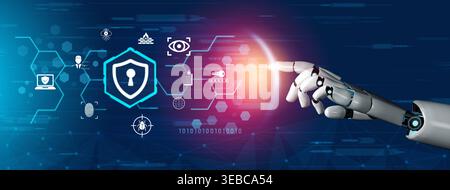 Futuristic Robot Hand Touching Digital Security Key Symbol with Technology Icons Representing Cybersecurity and Data Protection Concepts Fluxor. Stock Photo