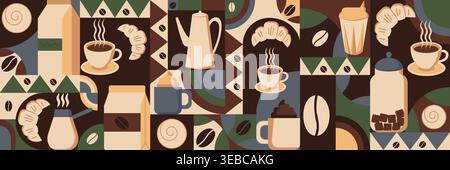 Geometric coffee pattern in minimalist bauhaus style. Geometric line drawing. Abstract print background with simple shapes for coffee shop, food packaging, cafe wall, menu. Stock Vector
