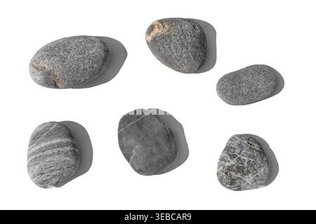 Overhead arrangement of six organic grey rocks isolated on white or transparent background. Authentic textured pebbles with unique mineral patterns Stock Photo
