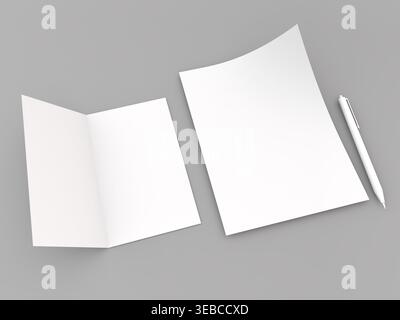 A folder is open on the left side with blank sheets inside. On the right there is a white pen. The items are arranged on a smooth gray background for Stock Photo