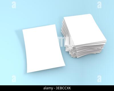 A stack of blank papers rests on a light blue background with one sheet placed next to it. The scene shows the papers in a simple layout without other Stock Photo
