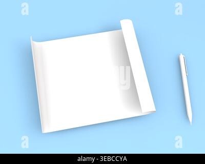 A blank white sheet of paper lies flat on a blue surface. A pen is placed next to it ready for writing or sketching. This setup invites creativity and Stock Photo