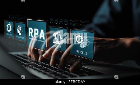 Hands Typing on Laptop with Digital Interface Displaying RPA, Automation, Process, and Intelligence Concepts in a Modern Workspace Setting Sigmoid Stock Photo