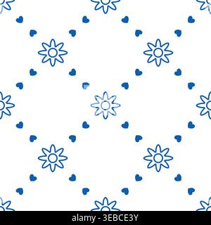 Seamless vector pattern with simple flowers and small hearts on light background. Cute decorative repeat design for textile, packaging and print. Stock Vector