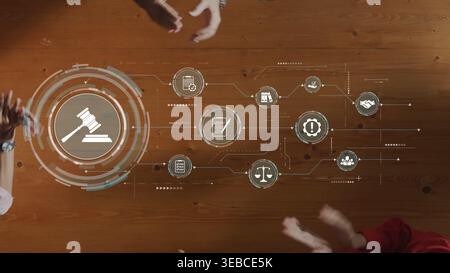 A modern interpretation of law and technology, showcasing a gavel along with icons representing various legal concepts and processes in a digital Stock Photo