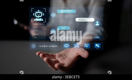 Modern AI chatbot service dashboard featuring 24 7 automated AI support, voice recognition, and omnichannel NLP AI communication. Customer experience Stock Photo