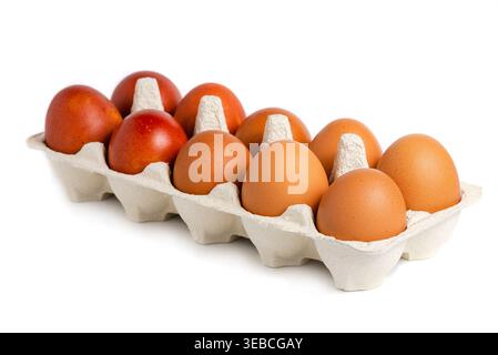 Ten fresh chicken eggs inside an open paper egg tray. Retail packaging for grocery store and supermarket. Stock Photo