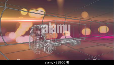 Displaying wireframe flatbed truck model floating inside curved tunnel, showing tiled grid floor Stock Photo