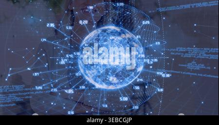Projecting holographic globe hovering over device at desk, code overlays and hands in dark sleeves Stock Photo