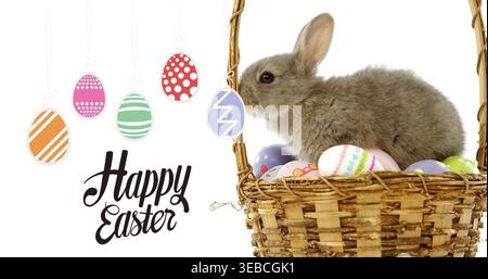 Sitting brown rabbit nesting eggs in basket at studio, ornaments, Happy Easter text, copy space Stock Photo