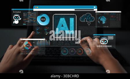Hands interacting with AI chatbot interface on laptop screen showcasing data analytics, graphs, and futuristic technology concepts in dark background Stock Photo