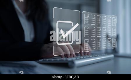 Task management concept illustrating digital checklist, document organization, and workflow tracking for project planning and productivity. Parse Stock Photo