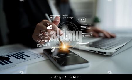 A professional woman interacts with her smartphone and laptop, showcasing AI graphics and digital innovation in a modern office environment for Stock Photo