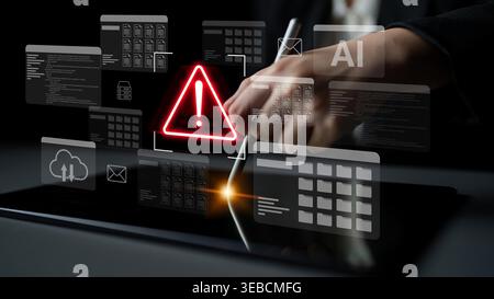 A business professional interacts with a digital tablet displaying a warning symbol, emphasizing crucial software risks and the importance of Stock Photo