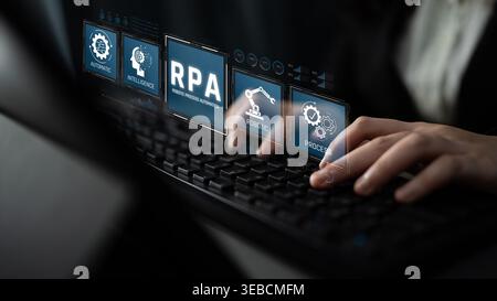Modern Business Automation with Robotic Process Automation Interface Showing Hands Typing on Keyboard with Digital Icons Sigmoid Stock Photo