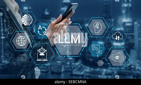 Modern Business Professional Using Smartphone Amidst Digital Icons Representing Large Language Models and Artificial Intelligence Technology on City Stock Photo