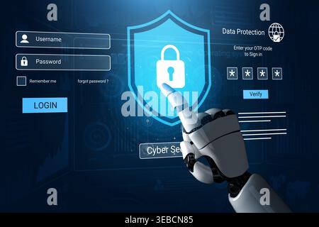 A futuristic robotic hand interacts with a virtual security interface, showcasing the process of user authentication and cyber protection in the Stock Photo