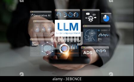 Large Language Model LLM processing data. Represents deep text learning, natural language processing NLP AI tech, transformer architecture, and Stock Photo