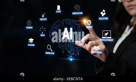 Woman Interacting with Digital Interface Representing Artificial Intelligence Concepts and Innovation in Technology and Education Quark. Stock Photo