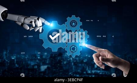 A futuristic robot hand reaches out to interact with glowing gear icons symbolizing technology, automation, and artificial intelligence within modern Stock Photo