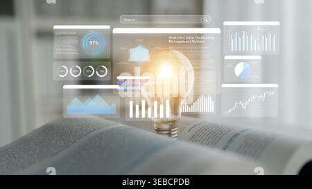 An open book features a glowing light bulb and overlaid data analytics graphics, illustrating the fusion of knowledge and technology in a modern Stock Photo