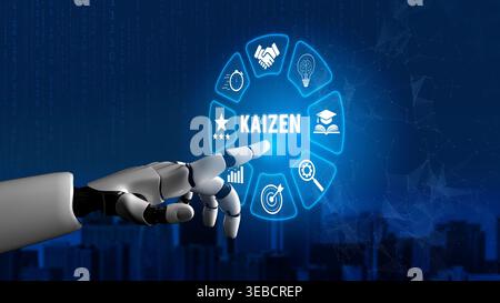 Futuristic Robotic Hand Interacting with Kayzen Concept Icon for Continuous Improvement and Innovation in Business Environment Quark. Stock Photo
