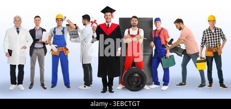 Career choice. Graduate student and men of various professions on color gradient background Stock Photo