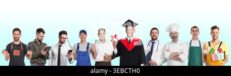 Career choice. Graduate student and men of various professions on color gradient background Stock Photo