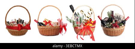 Wicker baskets with gifts isolated on white, collection Stock Photo
