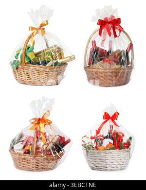 Wicker baskets with gifts isolated on white, collection Stock Photo