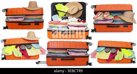 Suitcase with packed stuff isolated on white, set Stock Photo