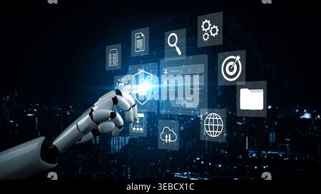 A robotic hand interacts with a high-tech digital interface showcasing various icons, emphasizing modern technology and security in a vibrant city Stock Photo