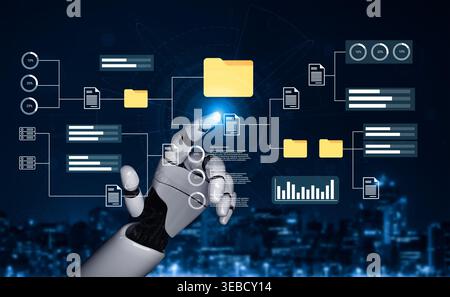 A robotic hand interacts with a digital interface showcasing file organization and data management. This image symbolizes advanced technology and Stock Photo
