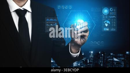 Business professional in black suit interacting with futuristic technology interface displaying data analytics and artificial intelligence concepts in Stock Photo
