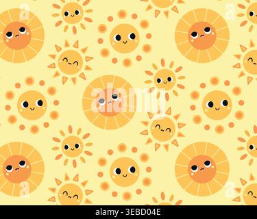 Pattern of cute sun characters. Isolated yellow background. Vector illustration. Stock Vector