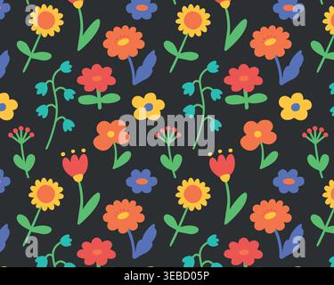 Simple pattern of flat flowers. Isolated black background. Vector illustration. Stock Vector