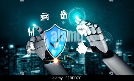 Futuristic Digital Security Concept with Robotic Hands Interacting with Virtual Symbols of Protection for Home, Health, Finance, and Transportation Stock Photo