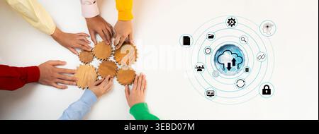 Collaboration of Diverse Hands Working Together on Gears and Digital Concepts for Innovation and Technology Solutions Quark. Stock Photo