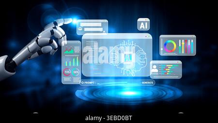 Futuristic Robot Hand Interacting with Digital Interface Displaying Artificial Intelligence Concepts and Data Visualization Elements Quark. Stock Photo