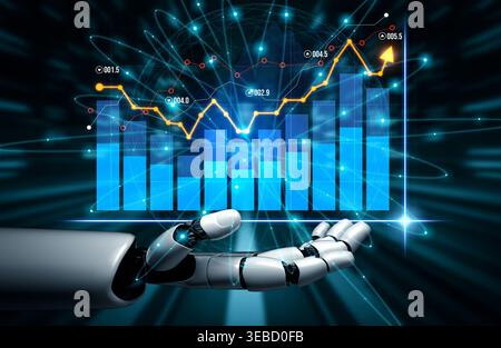 A robotic hand showcases a rising graph against a dynamic, futuristic background, symbolizing technological growth and innovative data analysis in the Stock Photo