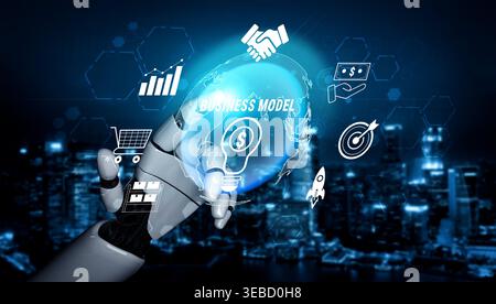 Futuristic Robot Hand Holding Globe with Business Model Concepts Against City Background and Digital Icons in Technology and Innovation Theme Quark. Stock Photo