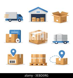 Logistics and Courier Delivery Service Icon Set: Shipping, Warehouse, and Package Tracking Symbols Stock Vector