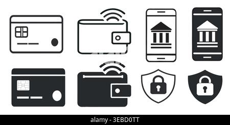 Mobile Banking and Digital Payment Security Vector Icon Set Fintech Wallet Credit Card and Secure Stock Vector