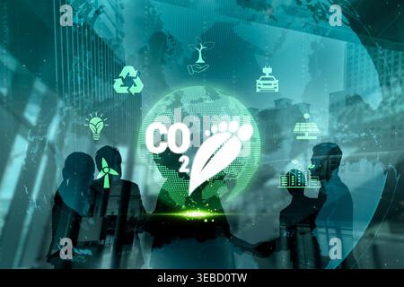 Global Focus on Sustainability and Carbon Footprint Reduction with Eco-Friendly Icons and Business Collaboration in Urban Environment Quark. Stock Photo