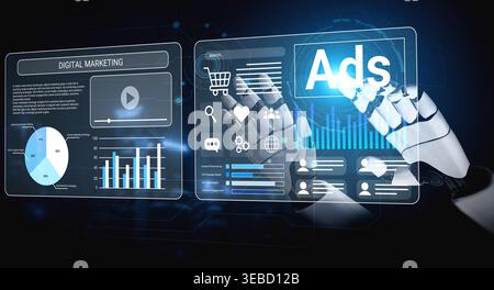A robotic hand interacts with dynamic digital marketing displays showcasing analytics and advertising strategies, reflecting innovation in technology Stock Photo